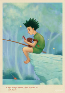 Hunter x Hunter 1999 anime fanart of a young Gon Freecss. A parody of a J. C. Leyendecker coke illustration. Gon has a fishing rod in one hand and in the other he holds his father's hunter license and stares at it in awe while little Konta sits in his lap and inspects it as well.