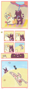 Short comic of cats being sun safe at the beach by applying sunscreen