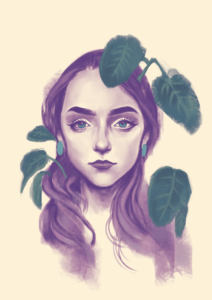 portrait of a woman coloured in purple, with green plants spouting out of her hair