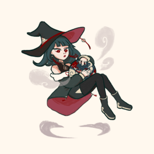 a witch floating from holding a magical sphere in her arms