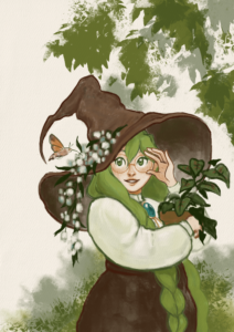A witch with green hair tied in long braids holds a potted plant with one arm while holding her glasses with the other, looking over her shoulder at a hummingbird hawk-moth