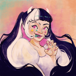 A devil girl with two toned dark purple and white hair tied into pigtails smiles cheekily while looking up towards the left. She has her left hand up in a claw position showing off her pink and turquoise nails that match her face stickers.