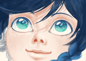 close up shot featuring Venti's green-blue eyes, looking up towards the sky