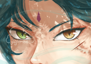 close up shot of Xiao's fierce eyes looking at the viewer. One eye that's in shadow is green while the other is gold in the light.
