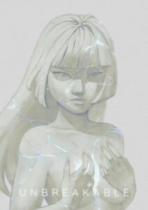 A digitally painted portrait of a girl defiantly staring at the viewer, with her hands clutching at her chest. She is made of marble and stone, cracks running along her face and body filled in with blue, shiny material.