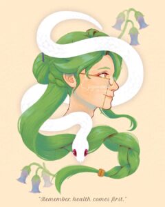Digital portrait drawing of Baizhu from the game Genshin Impact. Facing towards the right, Baizhu's side profile stops at the neck, while his long braid flows down and around the page. The white snake Changsheng is wrapped down and around his head and a sprig of purple violetgrass flowers adorn two corners of the page.